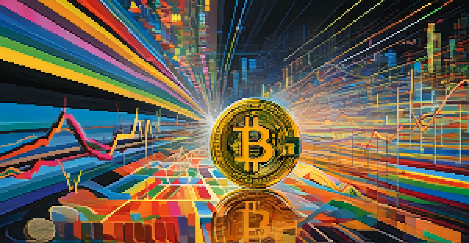 An abstract image showing cryptocurrency market trends with colorful lines representing Bitcoin and altcoins fluctuations against a dark background.