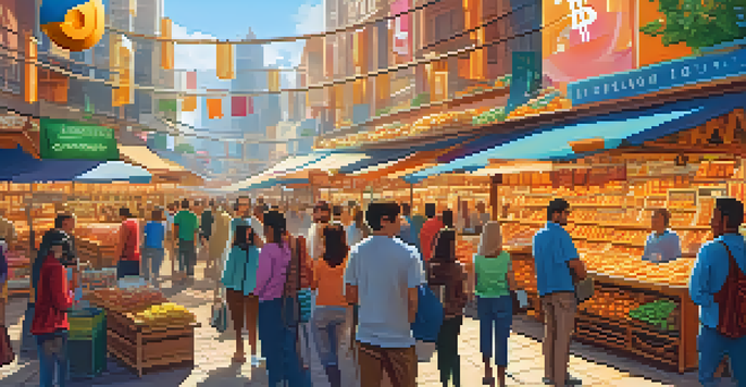 A lively marketplace with people using smartphones for Bitcoin transactions, surrounded by colorful stalls and digital screens.