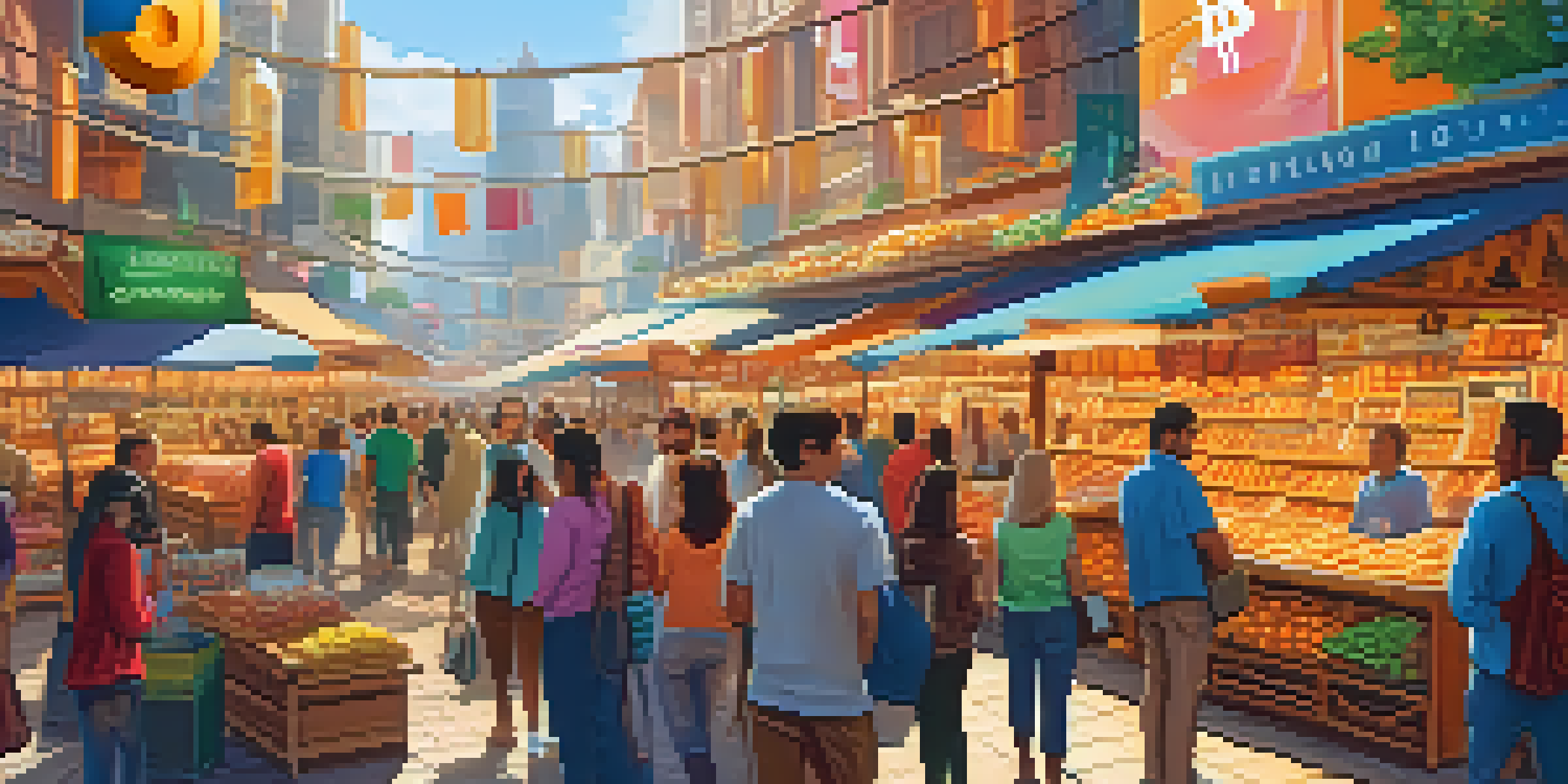 A lively marketplace with people using smartphones for Bitcoin transactions, surrounded by colorful stalls and digital screens.