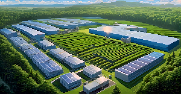 A Bitcoin mining facility with solar panels, situated in a lush green forest under a bright blue sky.