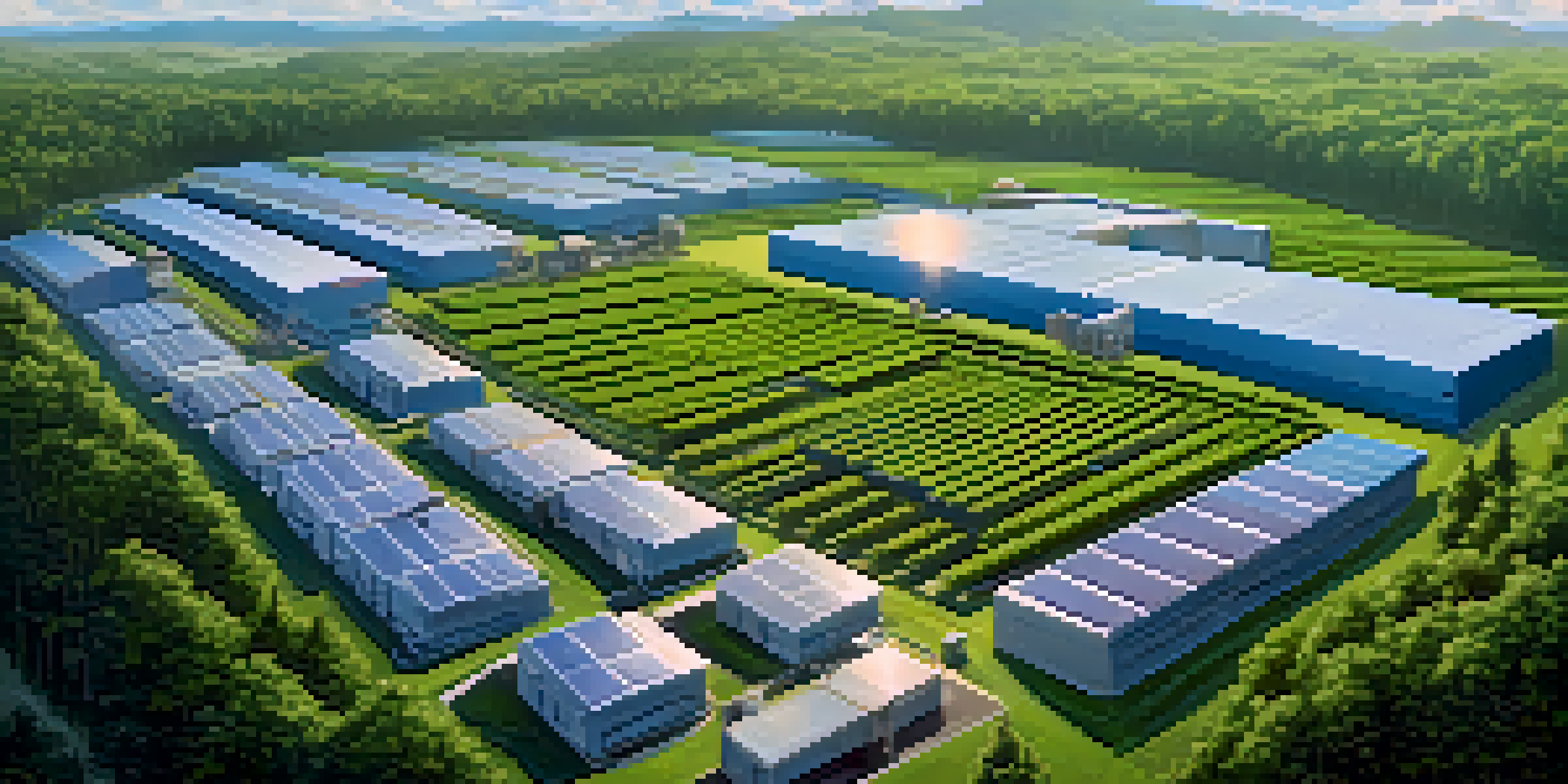 A Bitcoin mining facility with solar panels, situated in a lush green forest under a bright blue sky.