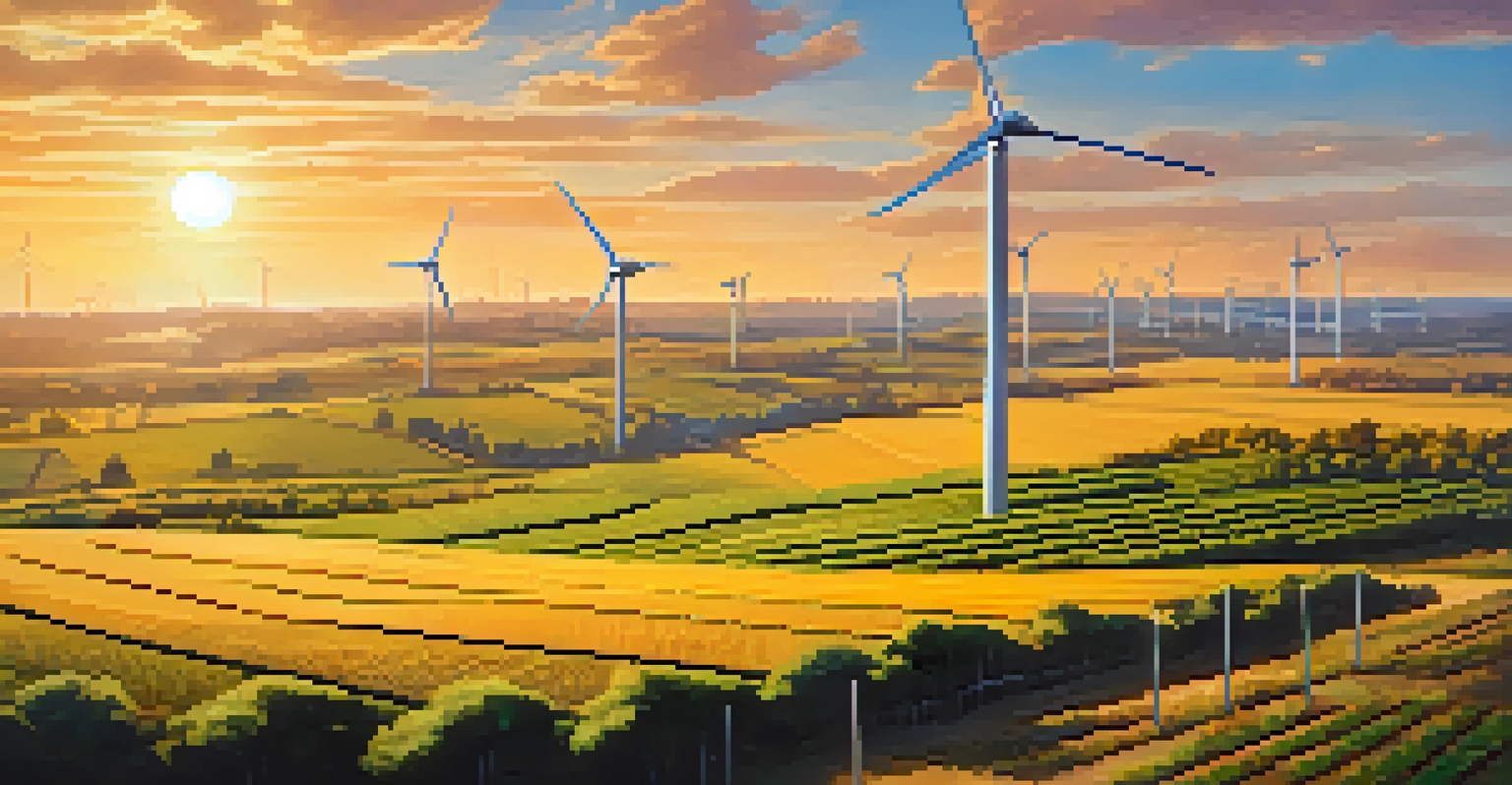 A landscape featuring wind turbines and solar panels, with a Bitcoin symbol in the sky, illuminated by the warm light of the golden hour.