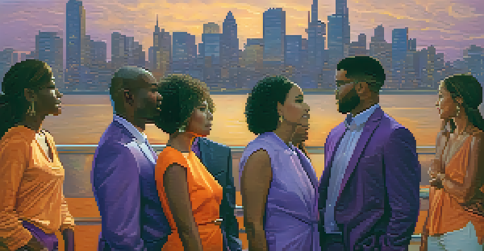 A diverse group of people standing on a large scale, representing wealth distribution, against a city skyline at sunset with warm colors.