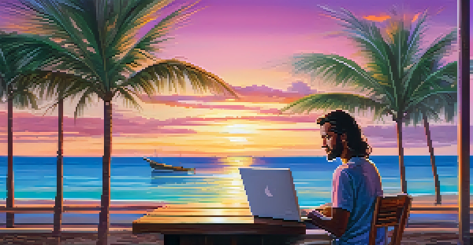 A digital nomad working on a laptop at a beach cafe during sunset, surrounded by palm trees.