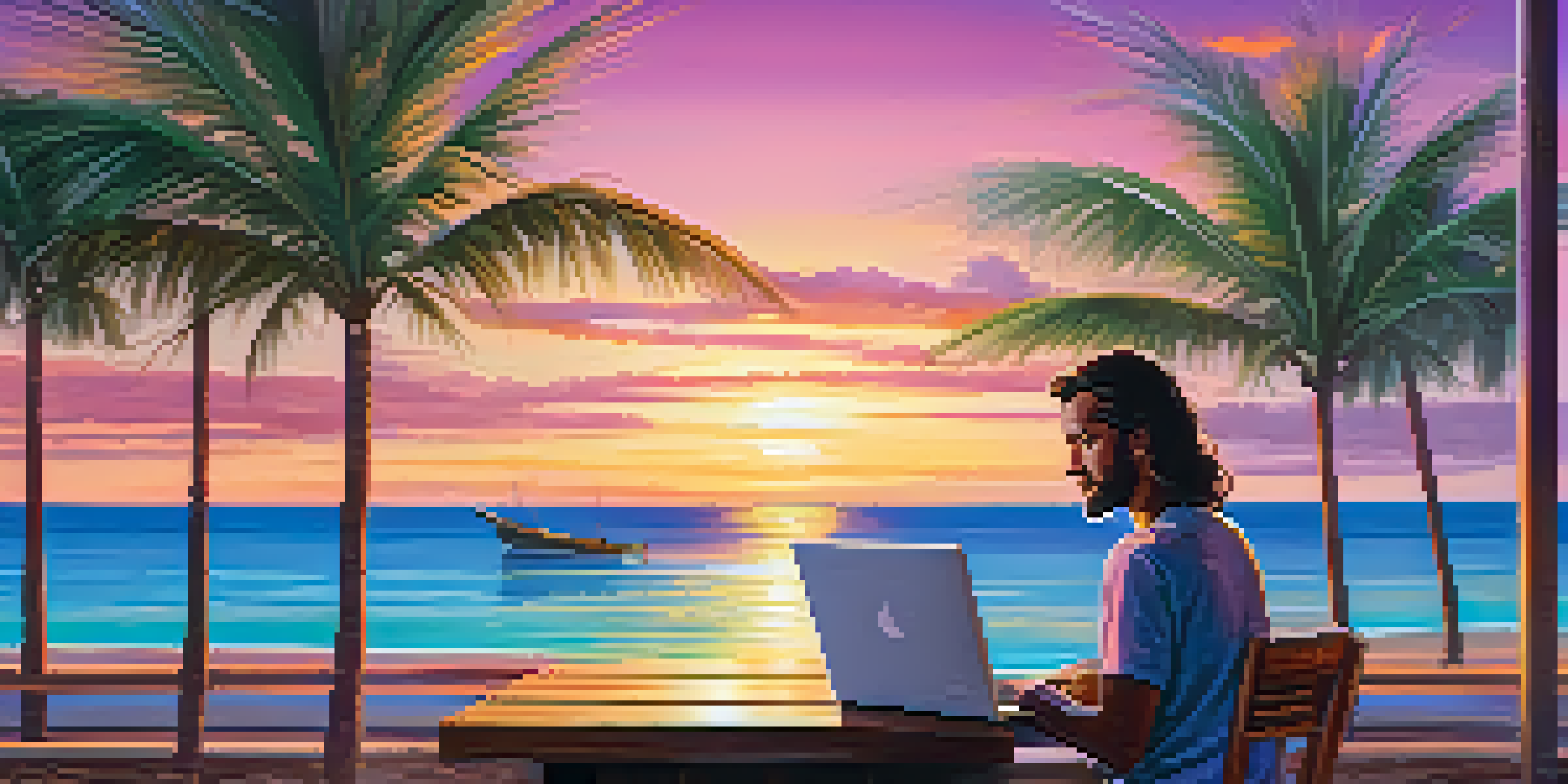 A digital nomad working on a laptop at a beach cafe during sunset, surrounded by palm trees.