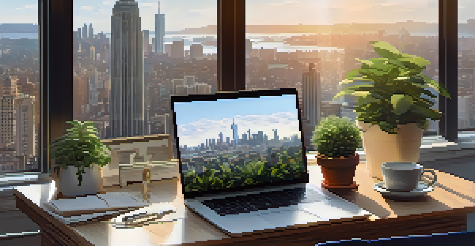 An organized workspace with a laptop, notepad, and coffee, illuminated by natural light from a window.