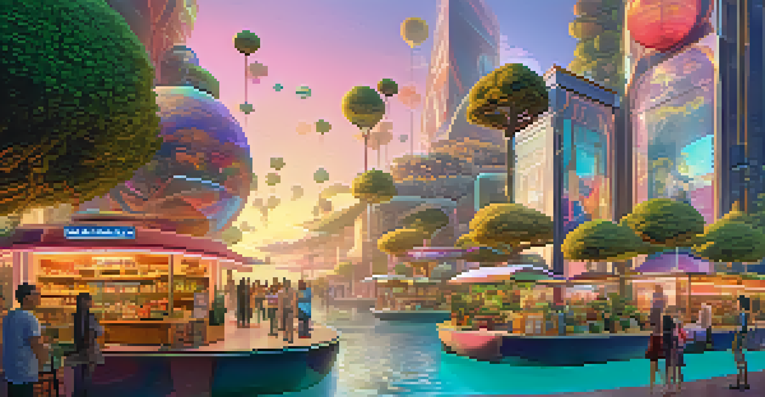 A vibrant virtual marketplace showcasing 3D NFTs and unique collectibles with a colorful environment and sunset lighting.