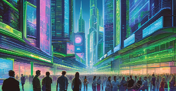A vibrant city with futuristic buildings and people using holographic technology to access financial services.