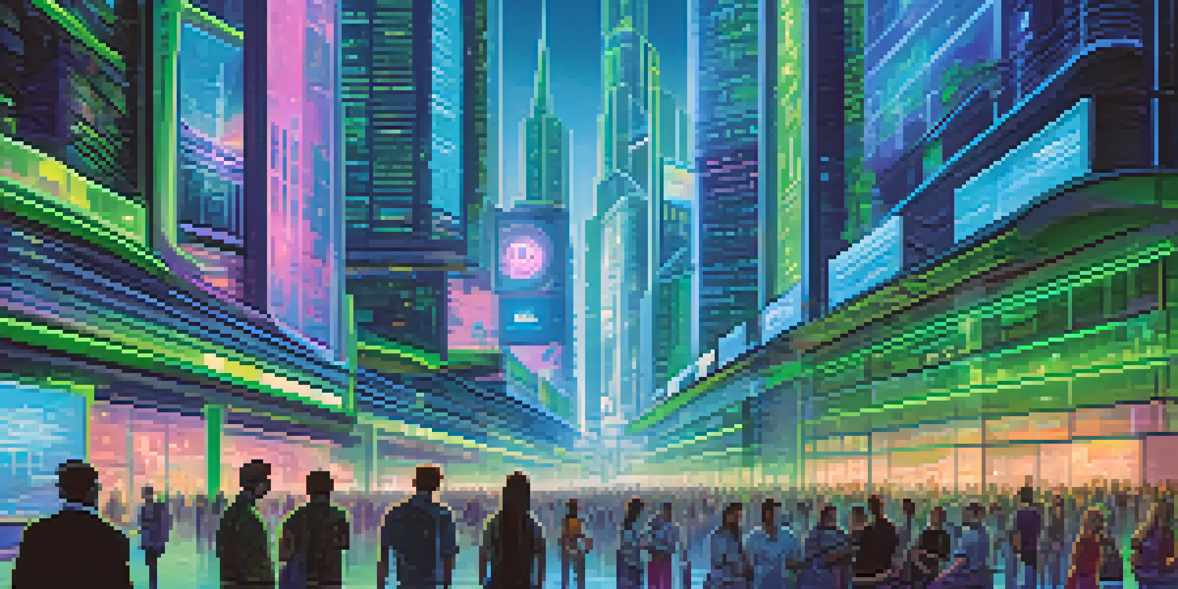 A vibrant city with futuristic buildings and people using holographic technology to access financial services.