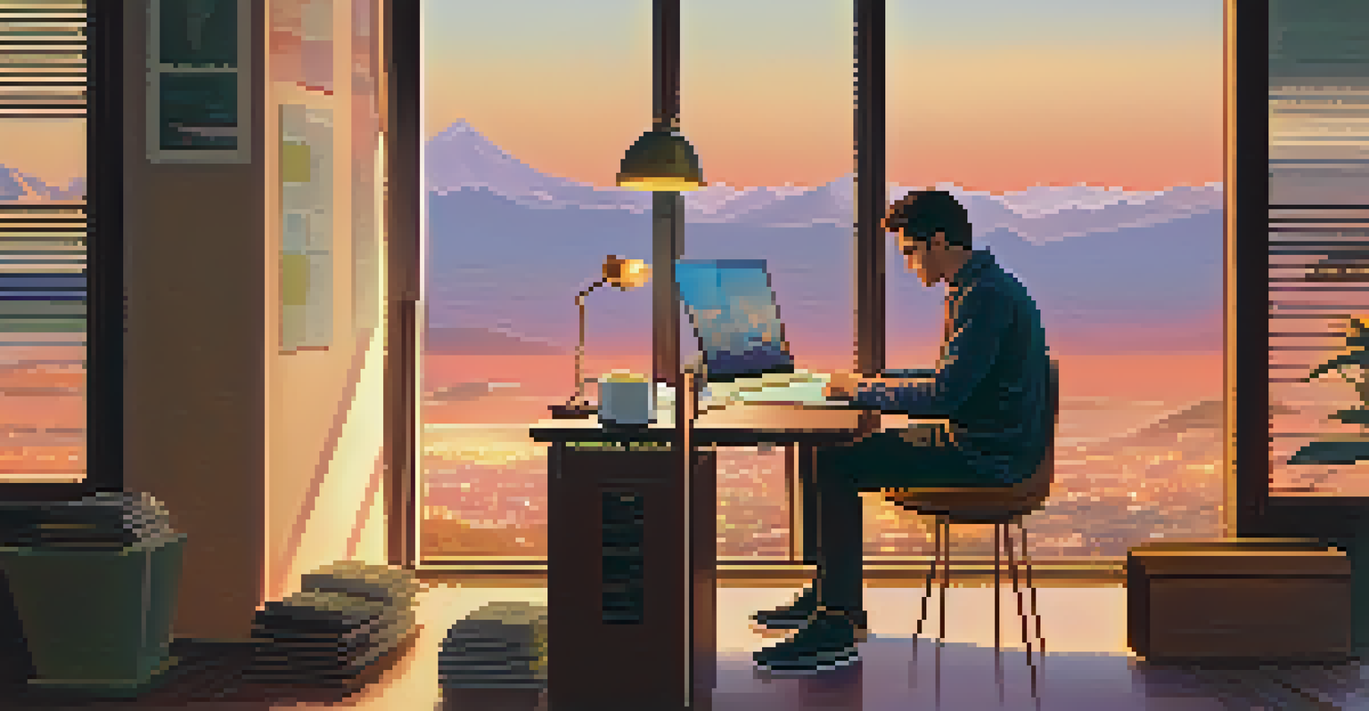 A person sitting at a desk with a laptop analyzing cryptocurrency data during sunset, with a warm glow and a cozy atmosphere.