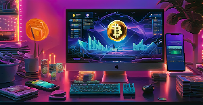 A colorful gaming setup with a computer, LED lights, and a smartphone showing a Bitcoin wallet app.
