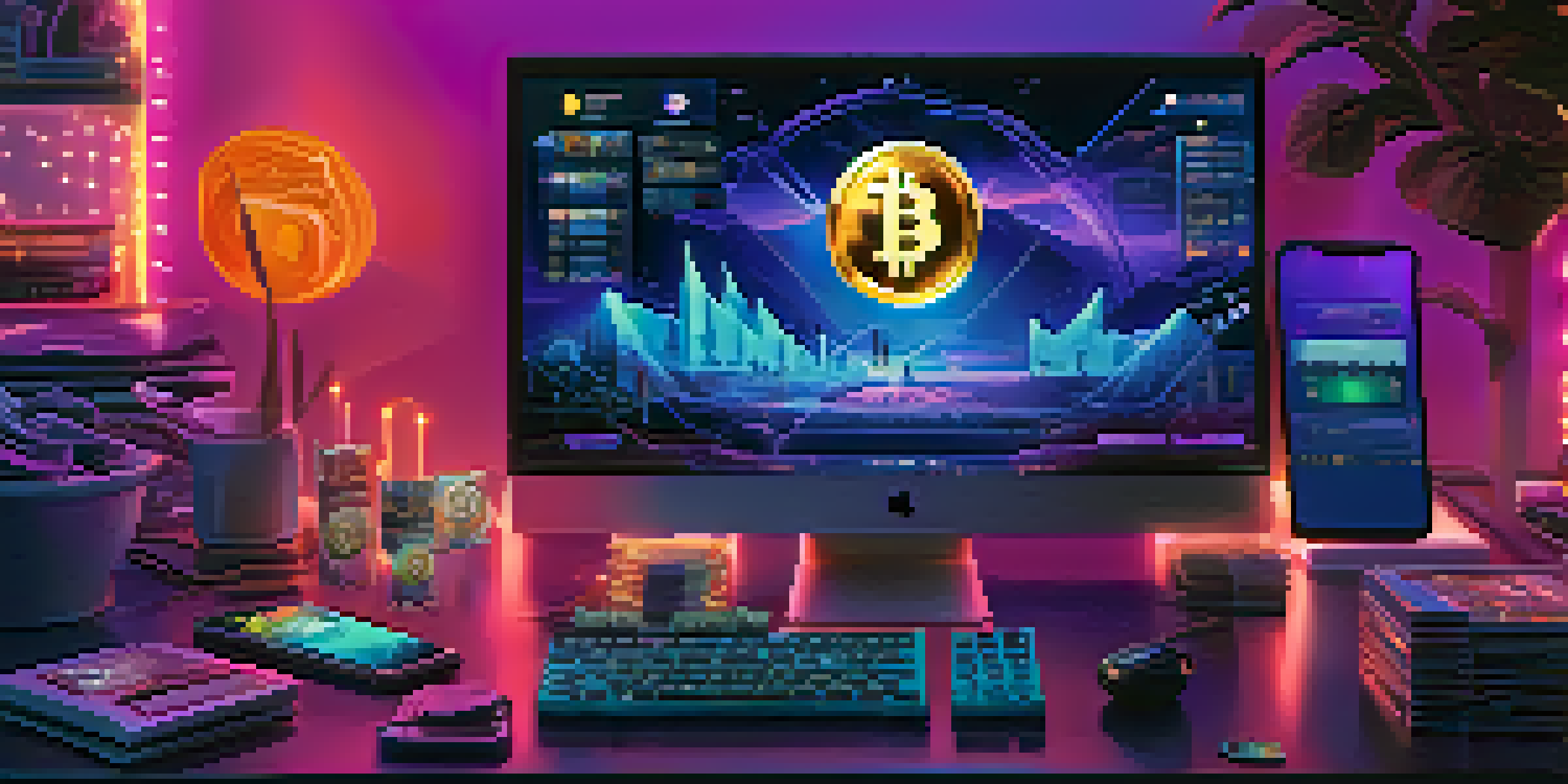 A colorful gaming setup with a computer, LED lights, and a smartphone showing a Bitcoin wallet app.