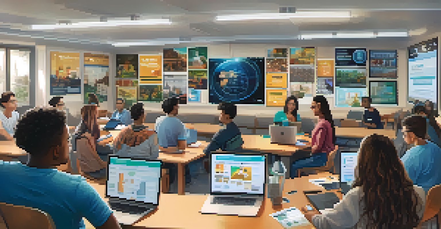 A diverse group of students engaged in learning about Bitcoin at a computer in a bright classroom.