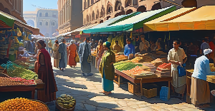 A vibrant international market filled with diverse goods and currencies, with colorful stalls and warm sunlight.