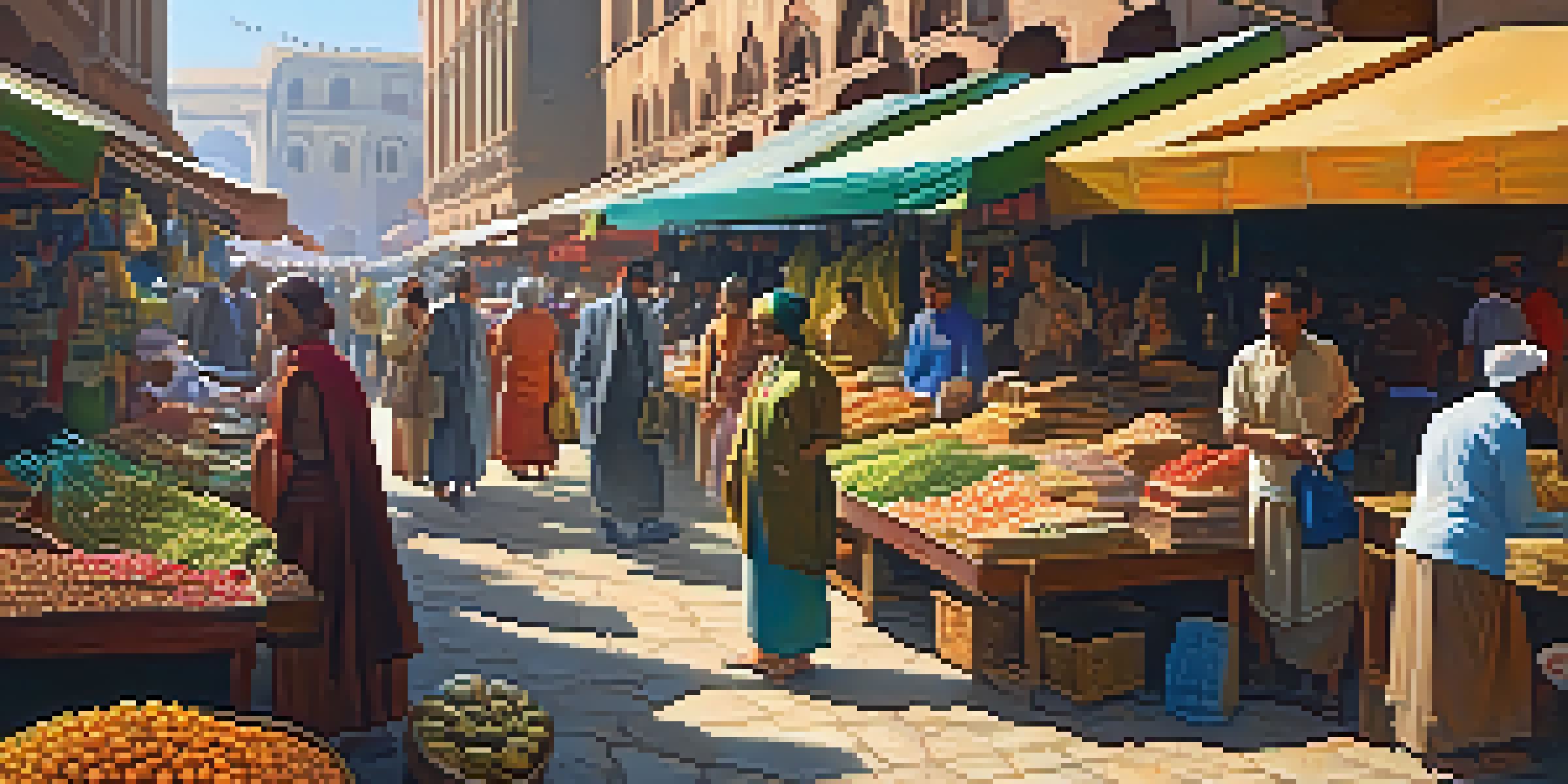 A vibrant international market filled with diverse goods and currencies, with colorful stalls and warm sunlight.