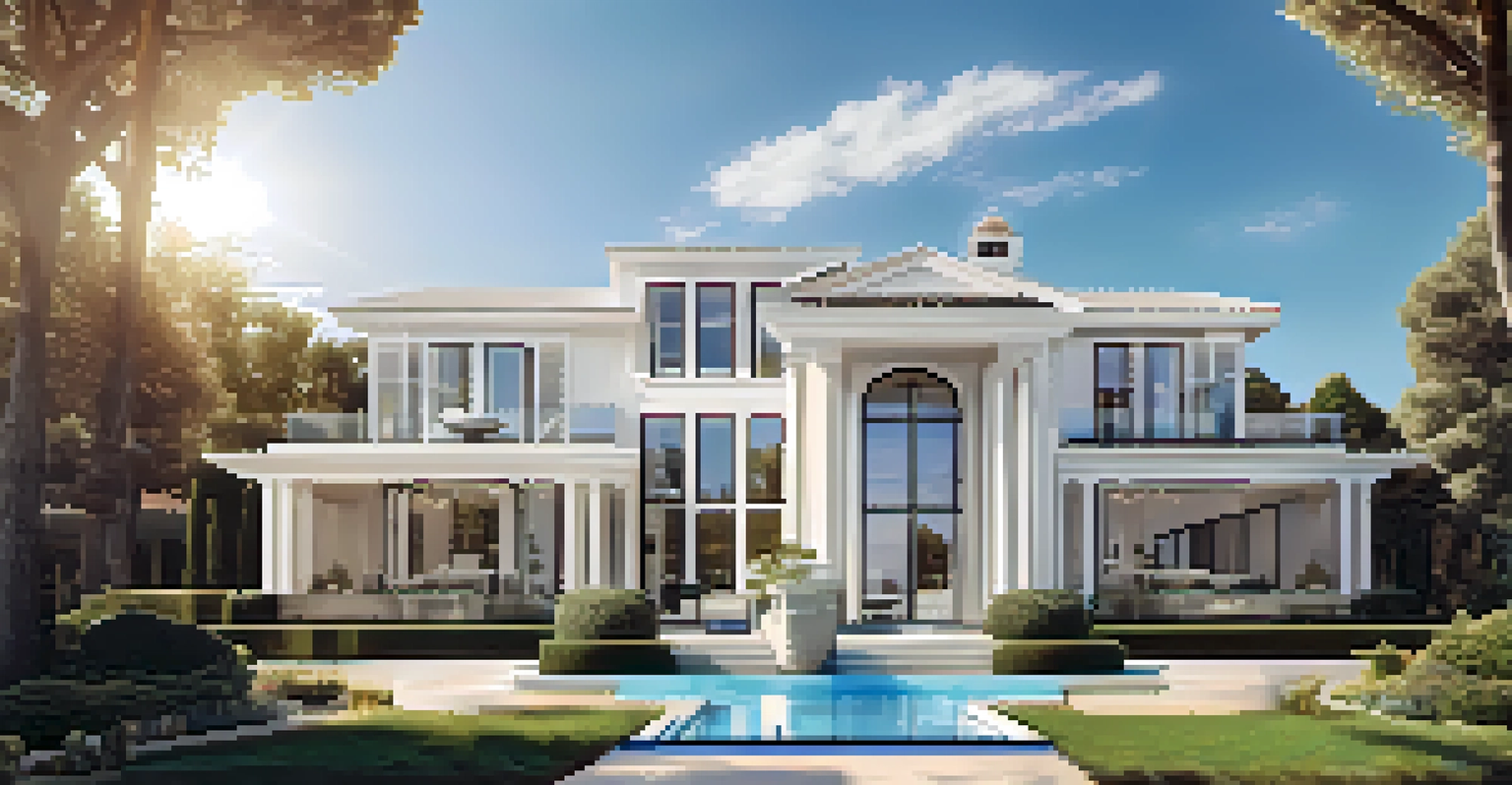 A luxurious home with a 'For Sale' sign indicating Bitcoin as payment, set in a beautiful garden under a clear sky.