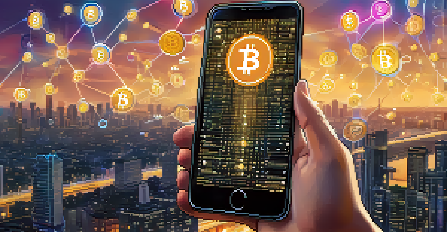 A young individual using a smartphone to send Bitcoin, surrounded by floating digital currency symbols against a city skyline.