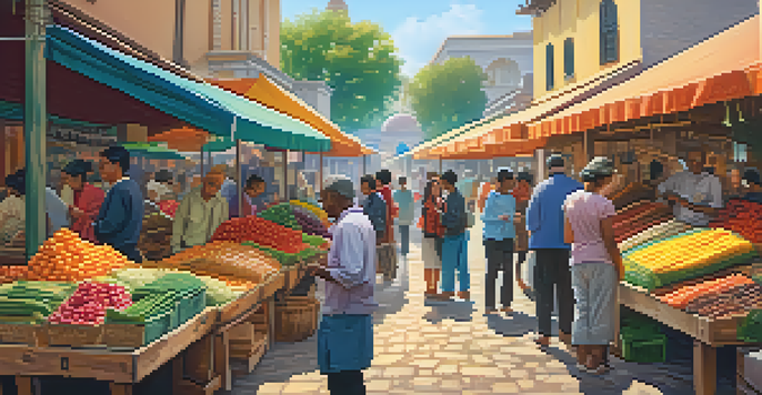 A busy marketplace with people using smartphones for Bitcoin transactions, surrounded by colorful stalls and soft morning sunlight.