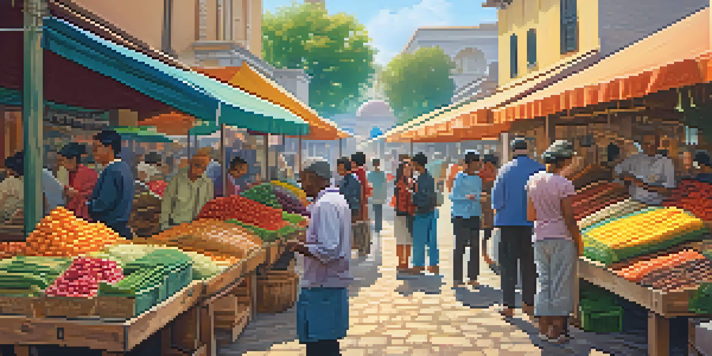 A busy marketplace with people using smartphones for Bitcoin transactions, surrounded by colorful stalls and soft morning sunlight.