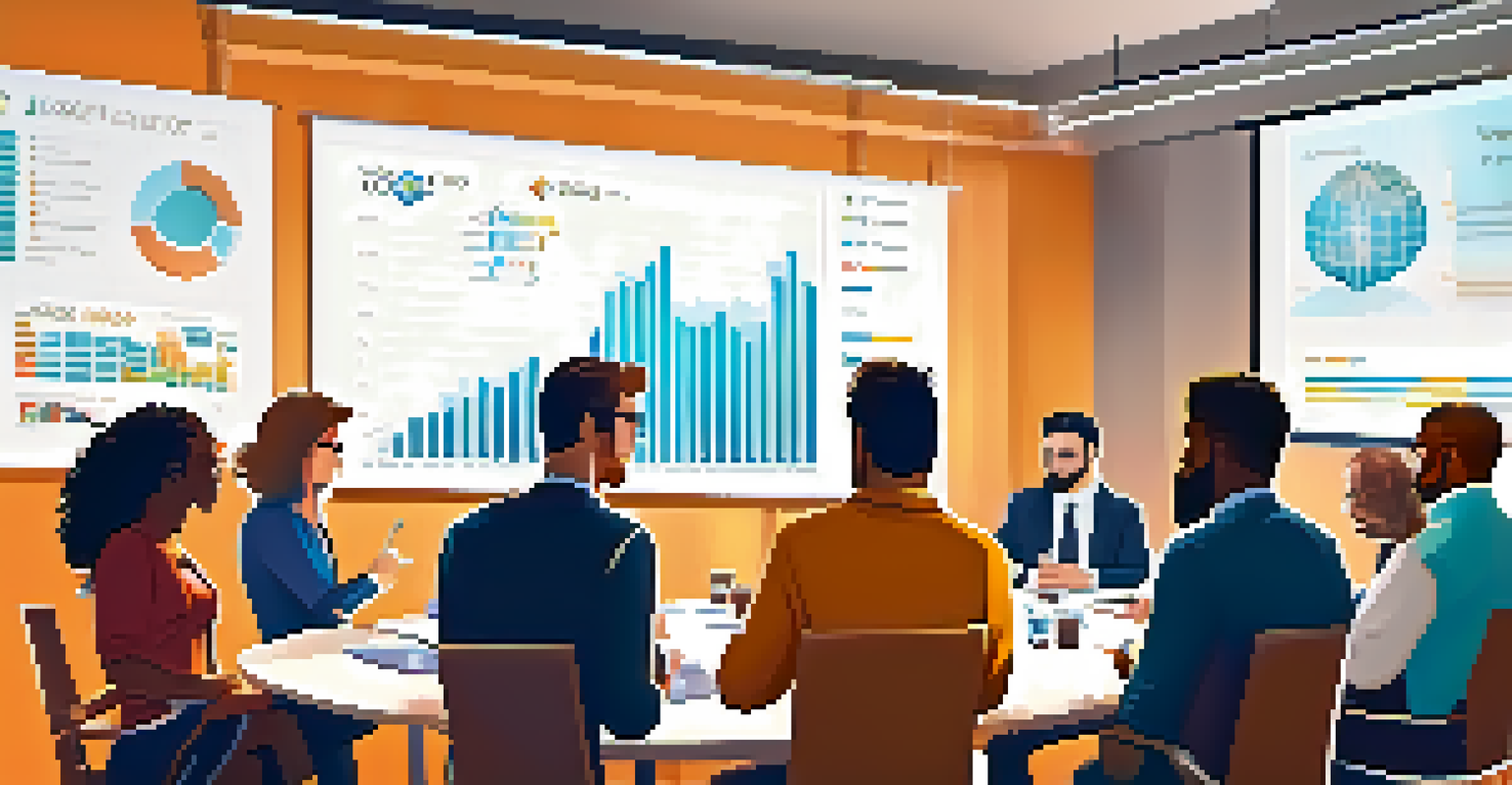 A group of diverse individuals discussing Bitcoin adoption in a conference room with charts displayed.