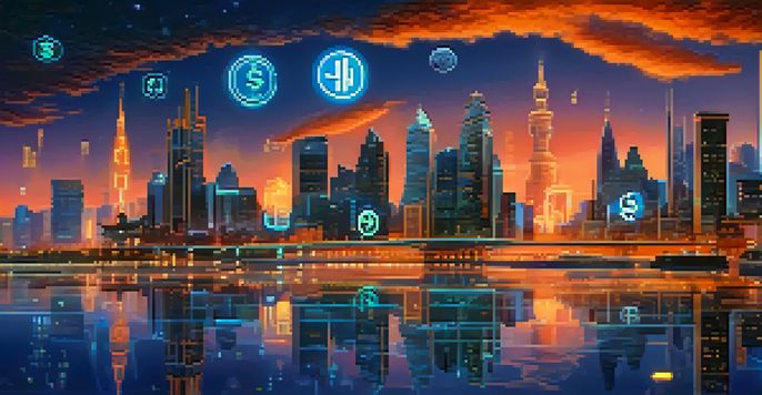 A futuristic city skyline at dusk, highlighting digital financial institutions with glowing buildings and currency symbols.