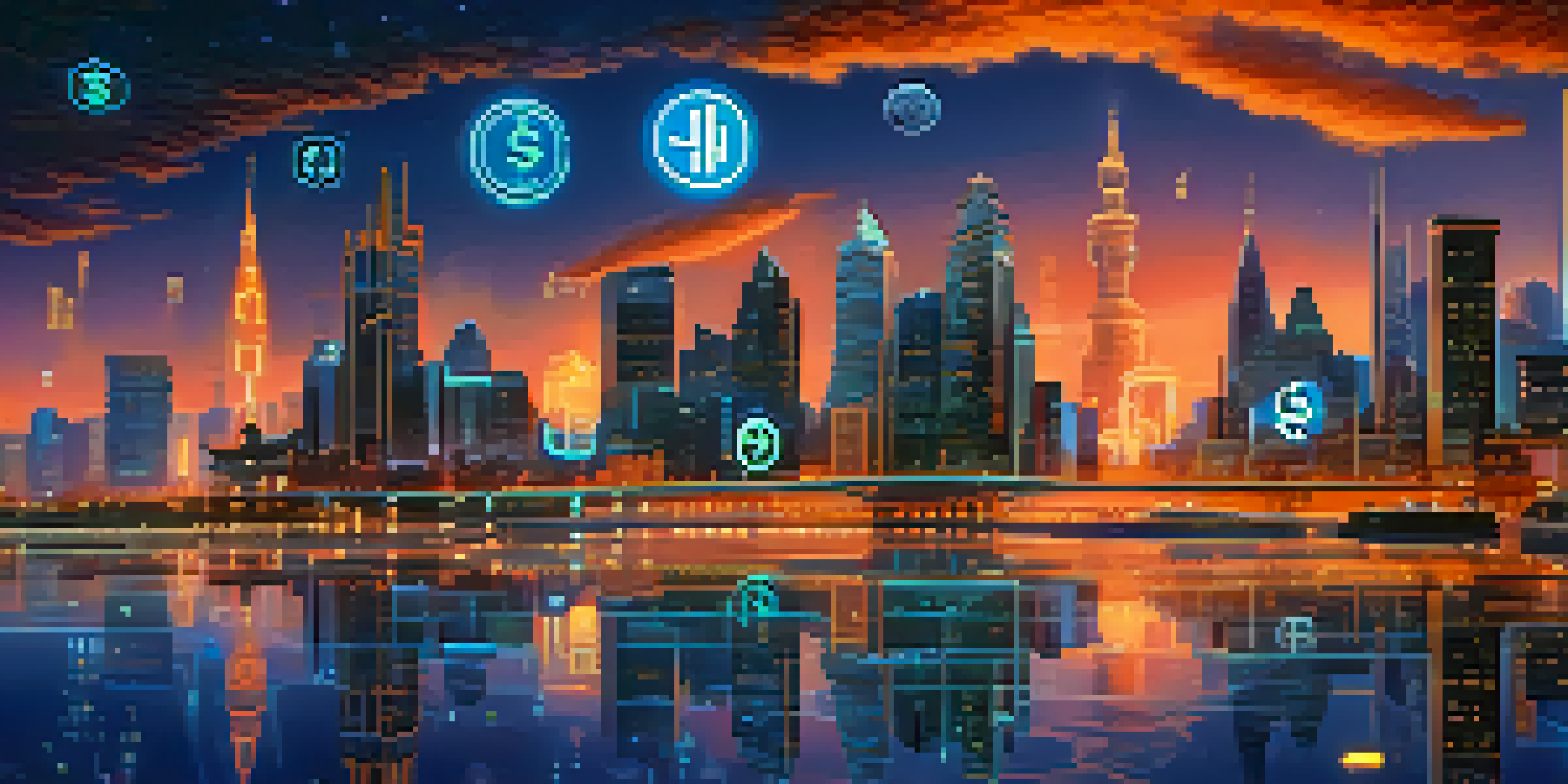 A futuristic city skyline at dusk, highlighting digital financial institutions with glowing buildings and currency symbols.