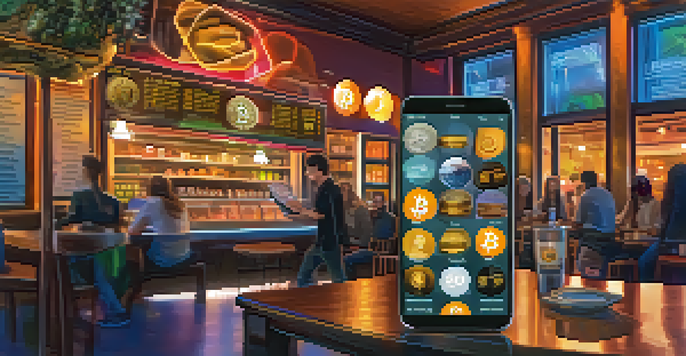 A smartphone with a Bitcoin wallet app open, showing a transaction in a coffee shop atmosphere.