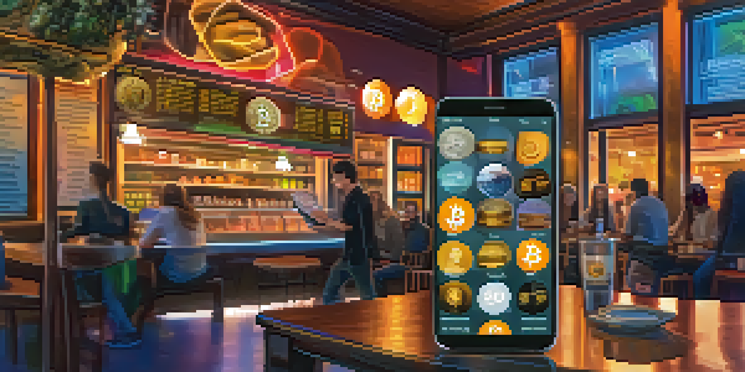 A smartphone with a Bitcoin wallet app open, showing a transaction in a coffee shop atmosphere.