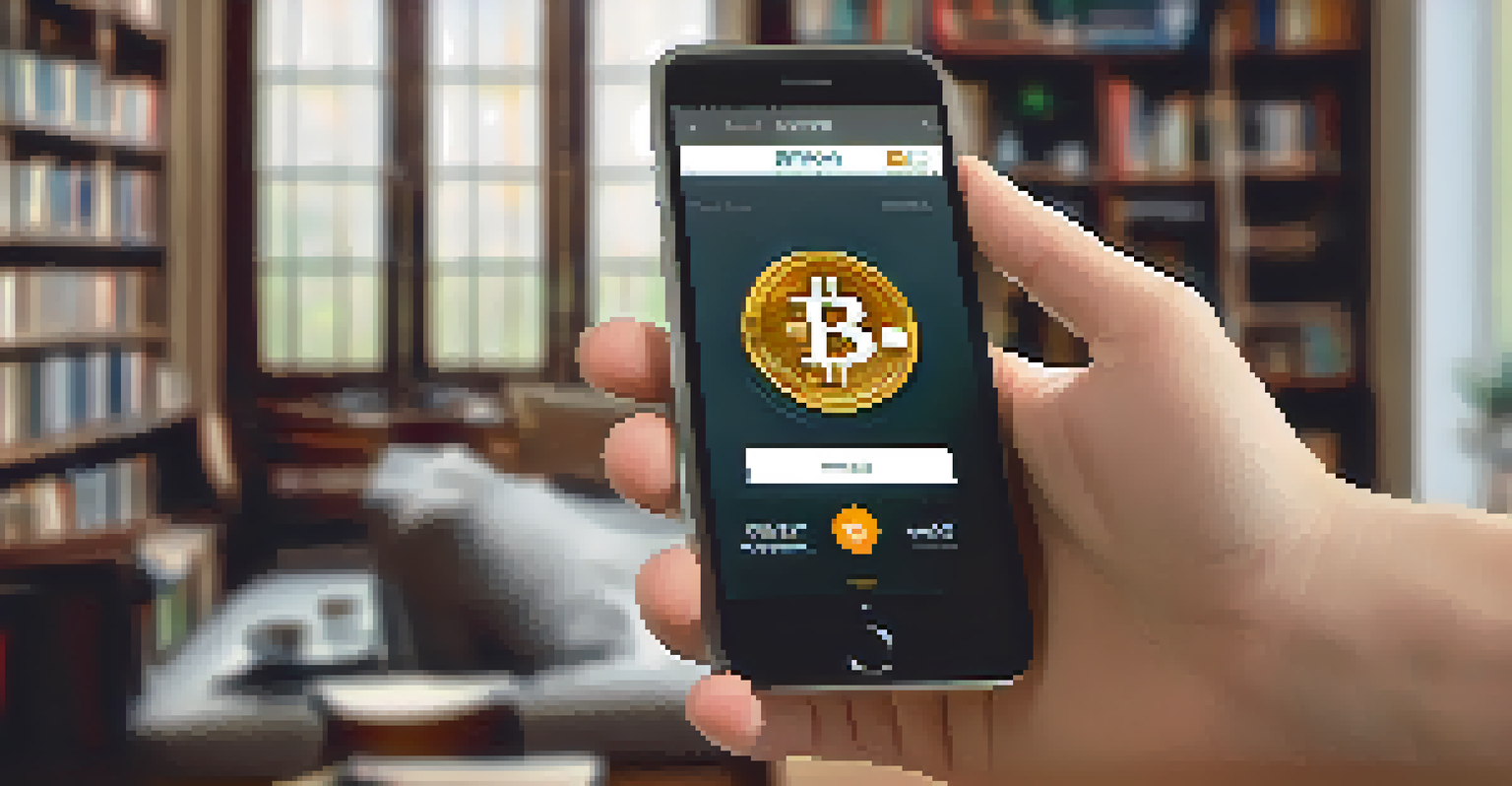 A close-up of a hand holding a smartphone showing a digital wallet app for Bitcoin in a blurred living room background.