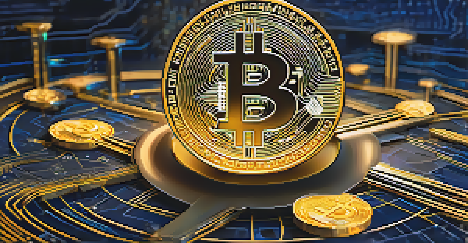A glowing Bitcoin symbol above a globe surrounded by various currencies, set against a digital-themed background.