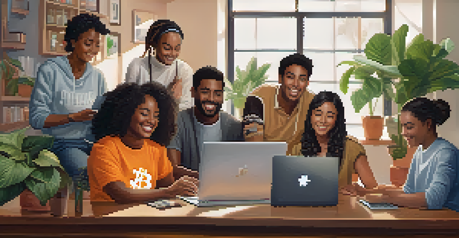 A group of diverse individuals in a cozy room, happily donating Bitcoin on a laptop, with a donation page visible on the screen.