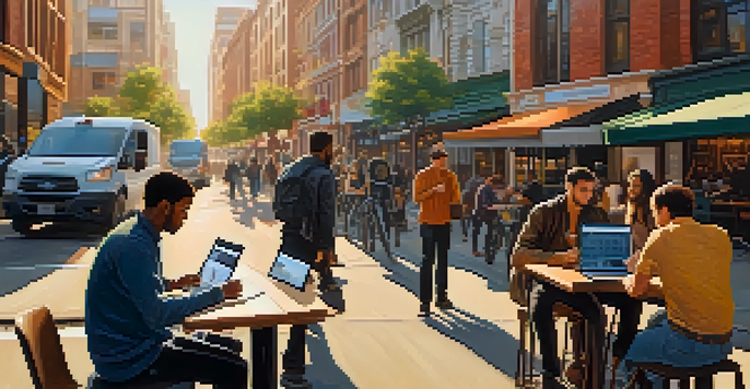 A vibrant city scene with various gig workers, including a graphic designer at a café, a delivery cyclist, and a photographer, illuminated by sunset light.