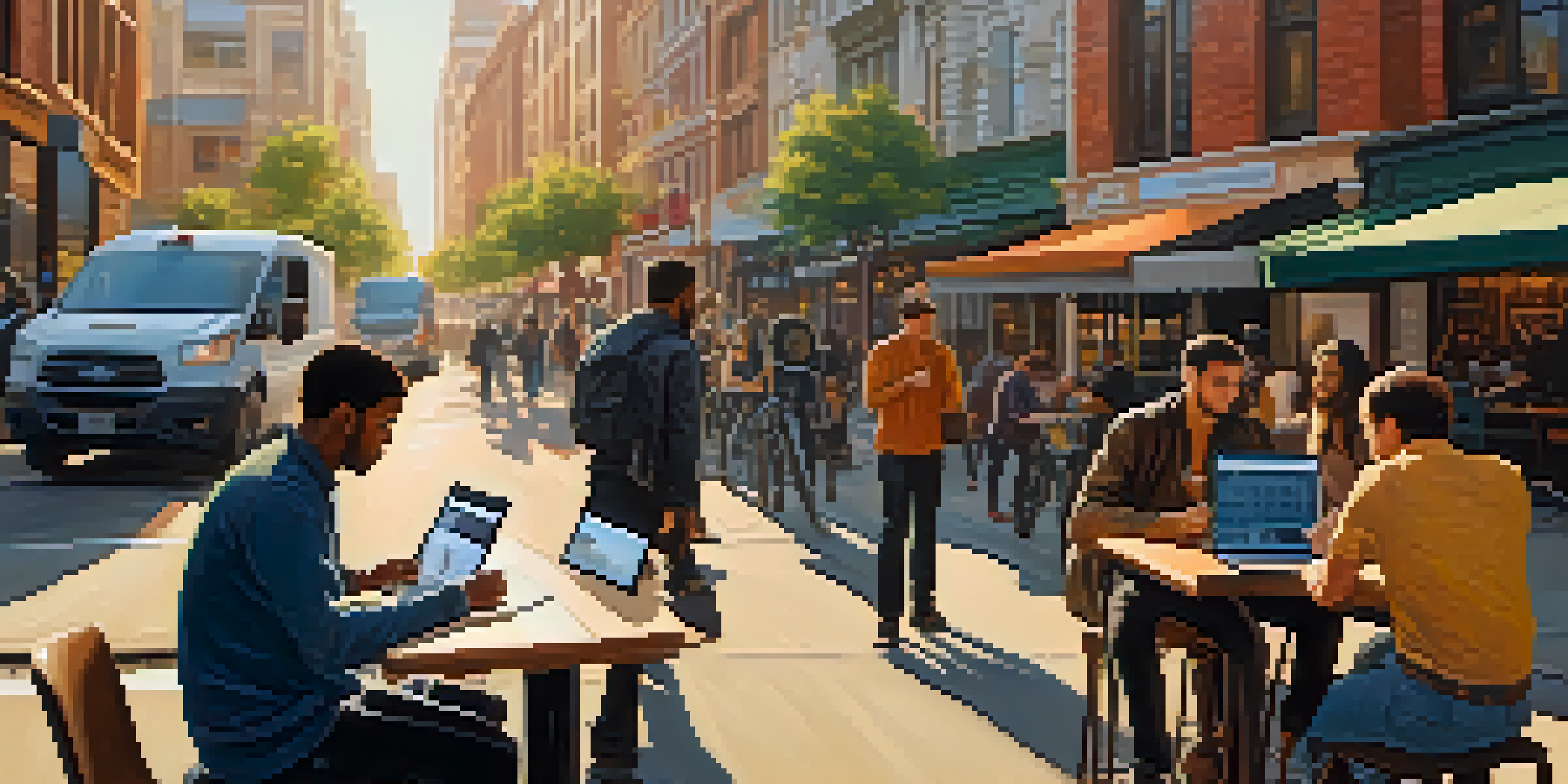 A vibrant city scene with various gig workers, including a graphic designer at a café, a delivery cyclist, and a photographer, illuminated by sunset light.