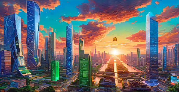 A futuristic cityscape showcasing blockchain technology, with skyscrapers, digital billboards, and people using mobile devices for transactions.
