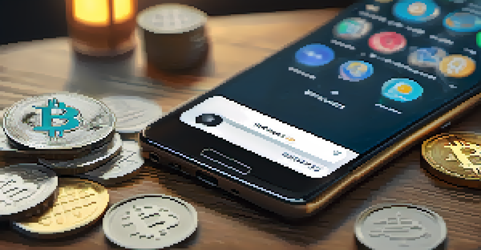 A close-up of a smartphone showing a Bitcoin wallet app, surrounded by traditional currency notes and coins, with warm lighting.