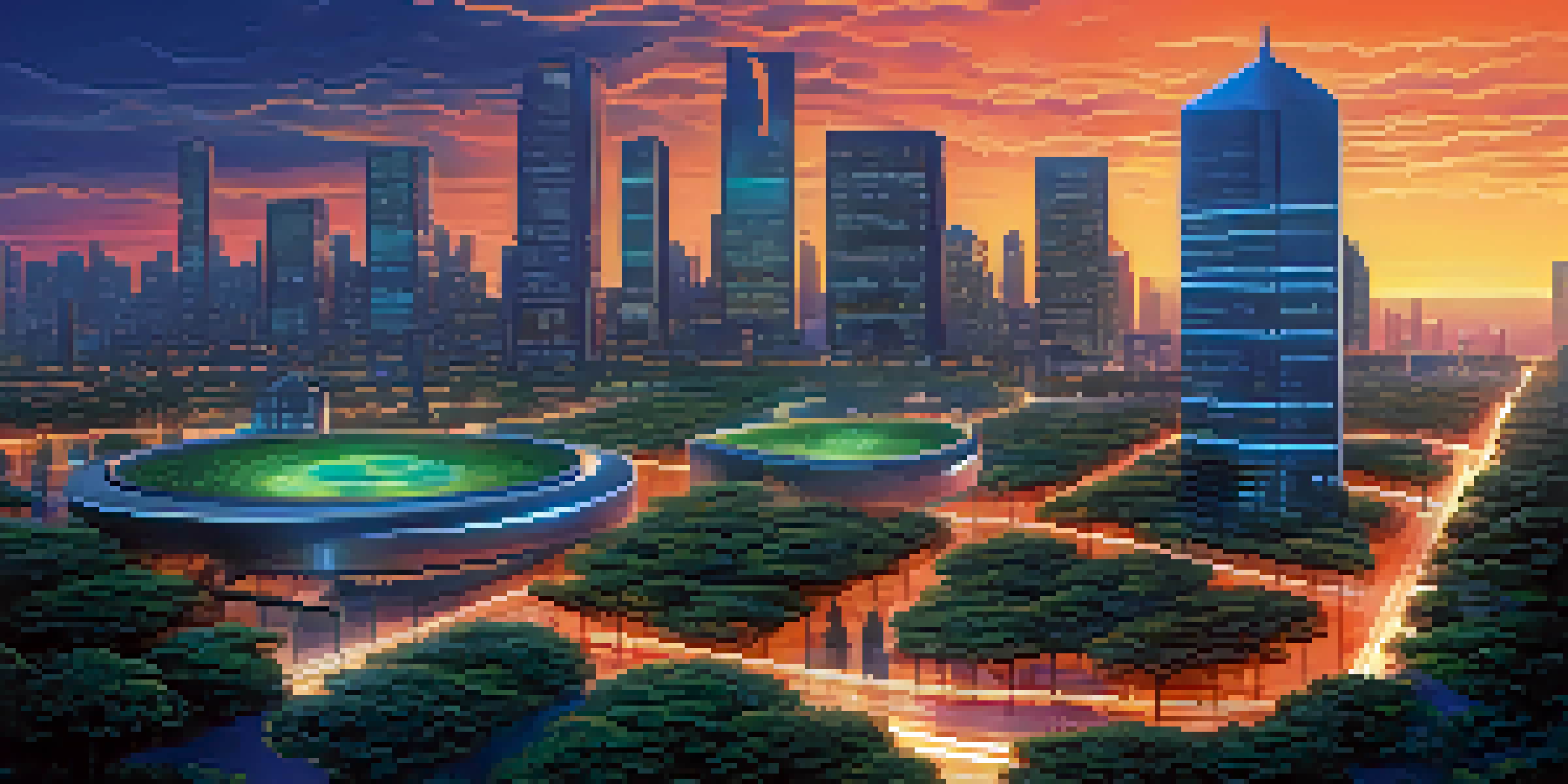 A futuristic city skyline at dusk with glowing Bitcoin symbols, blending technology and nature.