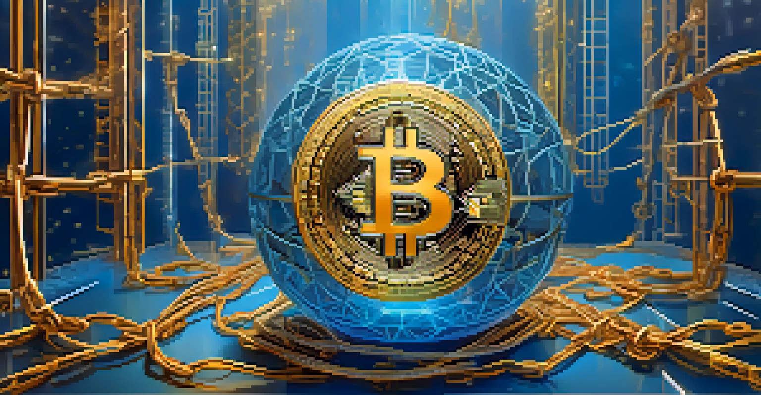 A glowing orb representing Wrapped Bitcoin in a digital blockchain environment with interconnected nodes and chains, in a soft blue and gold color palette.