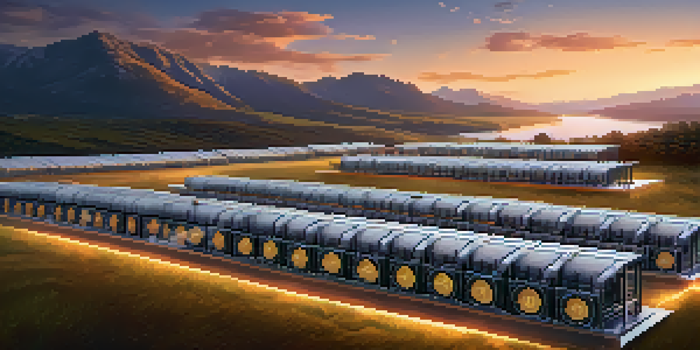 A large Bitcoin mining farm surrounded by mountains and a river, with high-tech mining rigs and a twilight sky.