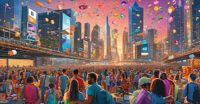 A lively social media scene showcasing diverse individuals discussing cryptocurrencies, especially Bitcoin, set against a colorful city backdrop.