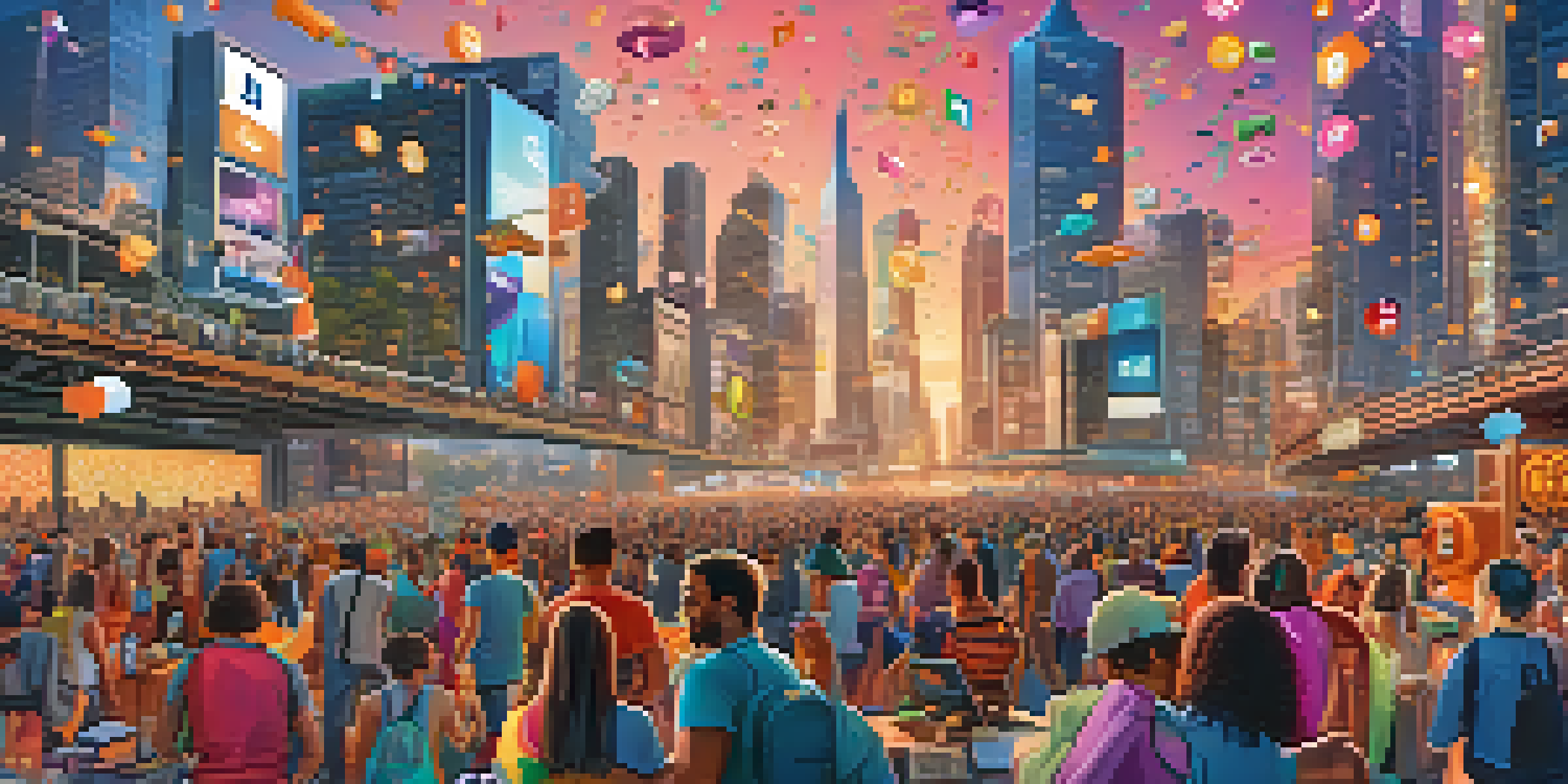 A lively social media scene showcasing diverse individuals discussing cryptocurrencies, especially Bitcoin, set against a colorful city backdrop.