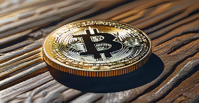 A close-up of a Bitcoin coin on a wooden table, illuminated by sunlight, showcasing its detailed design.