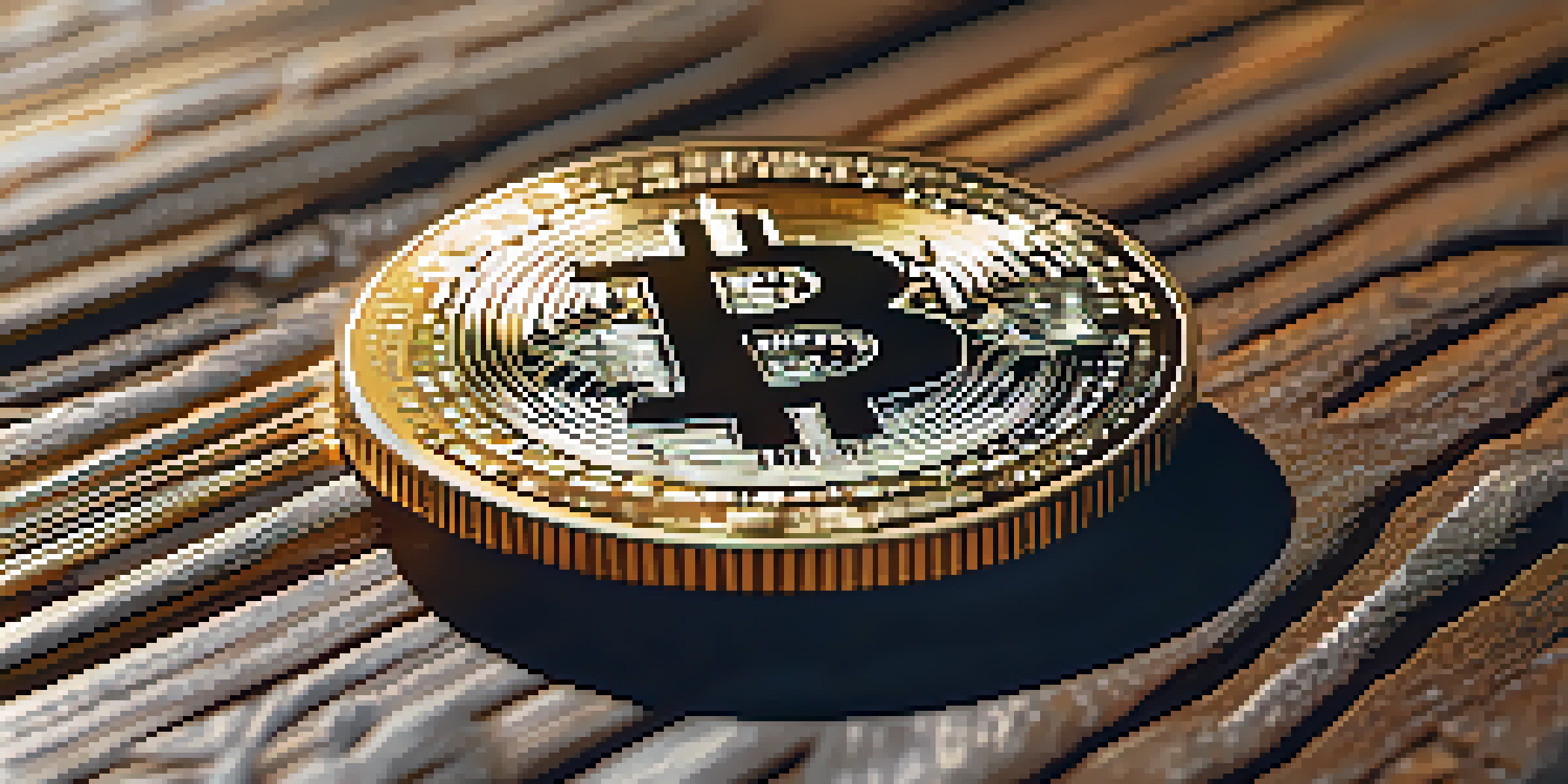 A close-up of a Bitcoin coin on a wooden table, illuminated by sunlight, showcasing its detailed design.
