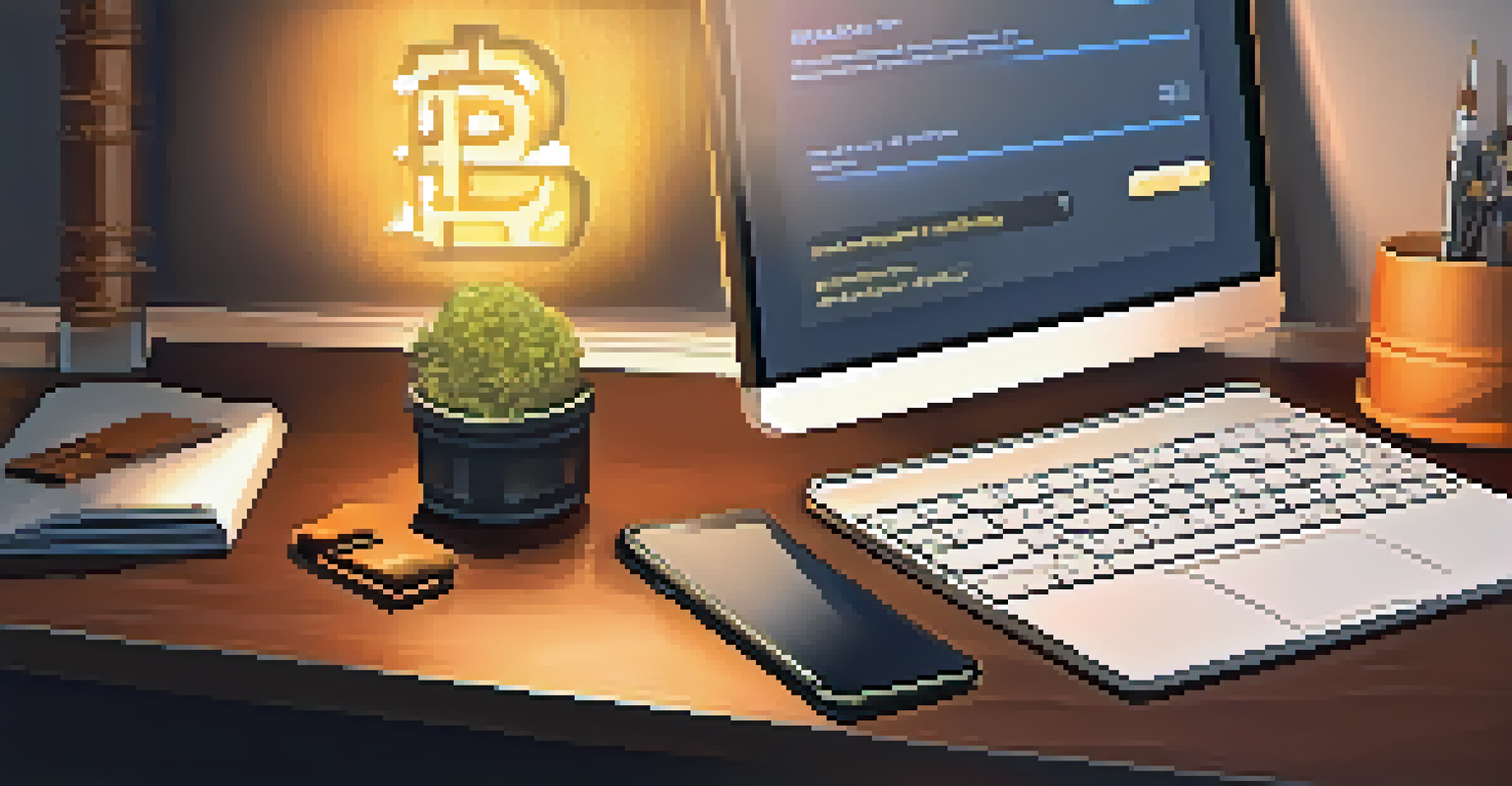 A serene wooden desk with a smartphone showing a Bitcoin wallet application focused on secure password input, illuminated by warm light.