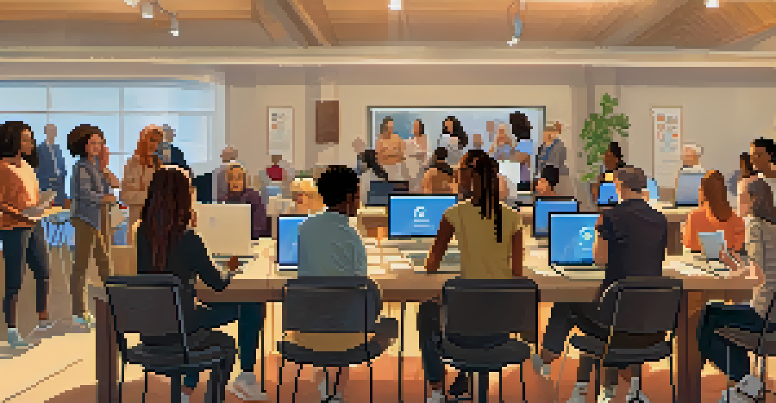 A diverse group of people using laptops and smartphones to participate in an online voting session, set in a warm and inviting environment.