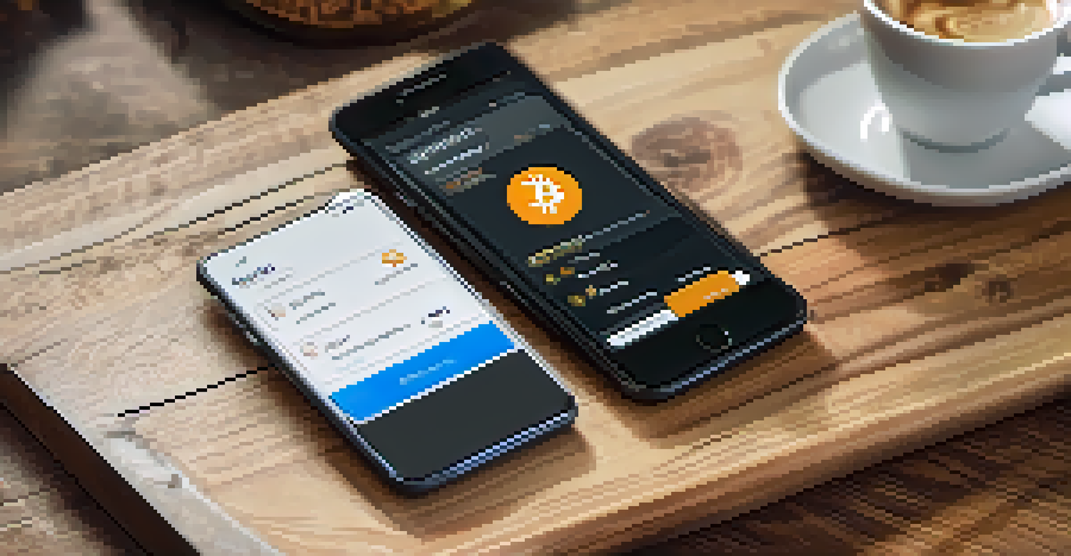 A close-up view of a smartphone showing a Bitcoin wallet app on a rustic table with a coffee cup in the background.