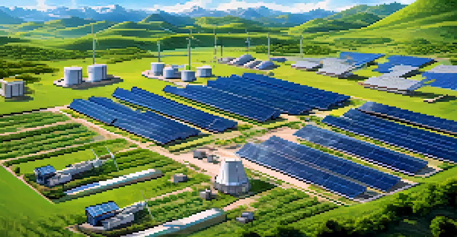 Aerial view of a renewable energy-powered Bitcoin mining operation with solar panels and wind turbines.