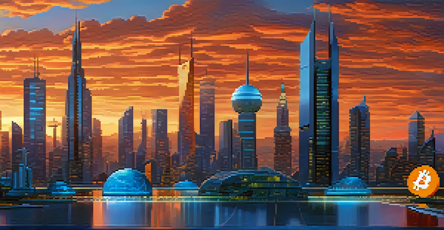 A futuristic city skyline with Bitcoin symbols in the architecture, illuminated by twilight colors.