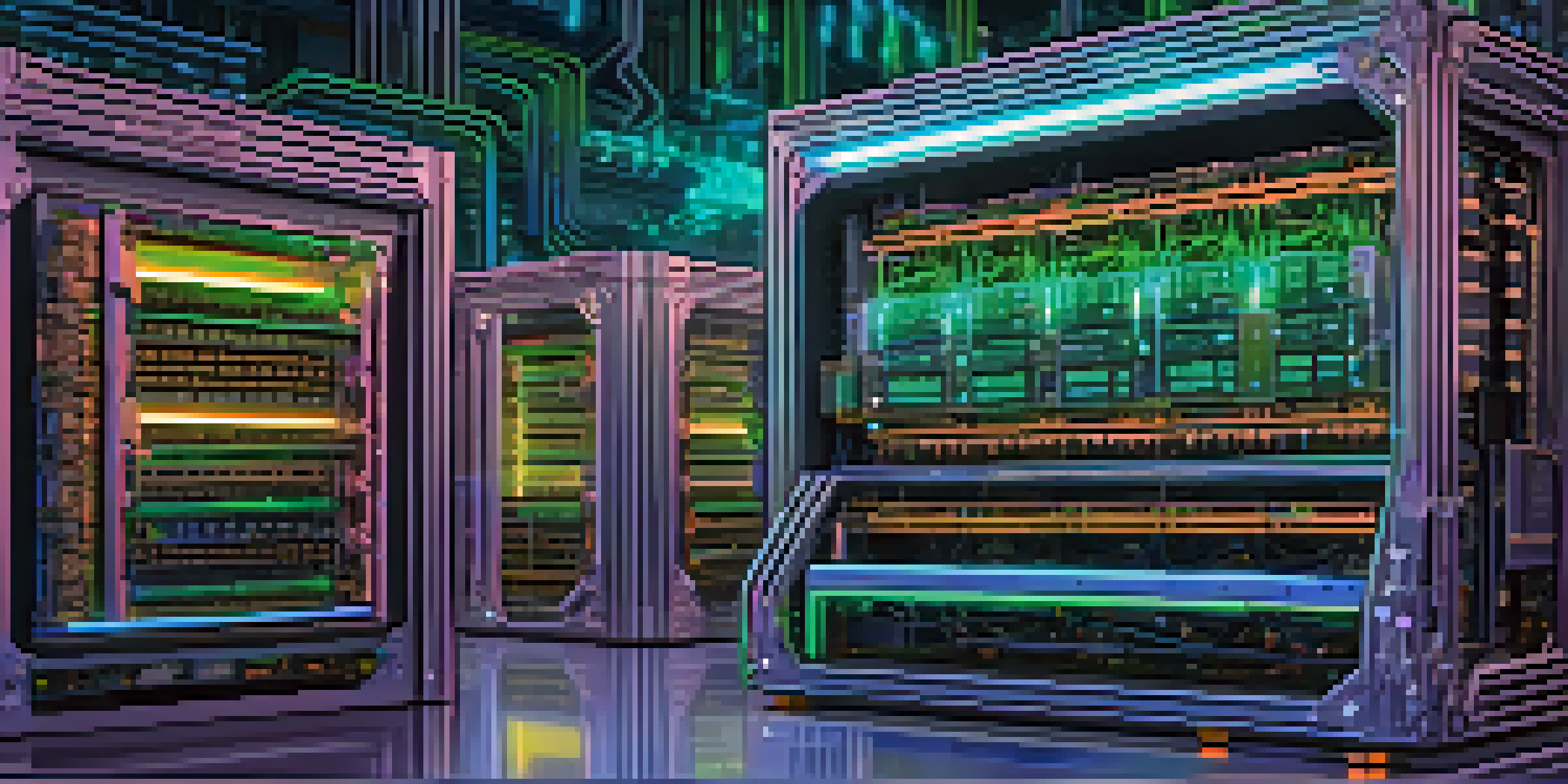 A detailed view of a Bitcoin mining rig with blue and green LED lights and a digital screen showing energy data.