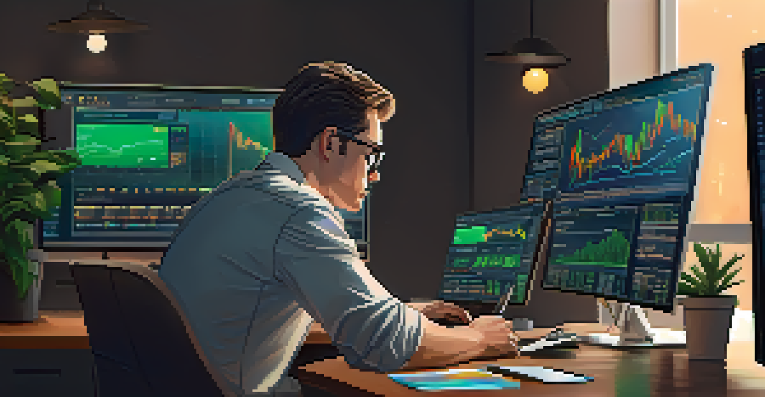 An investor at a modern desk with screens showing Bitcoin charts and market news, looking focused.