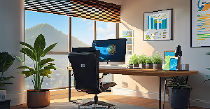 A bright home office with a laptop, plants, and sunlight streaming through a window, featuring a digital currency chart on the wall.
